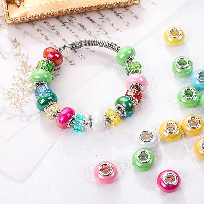 100 Pieces 14mm European Large Hole Spacer Beads Mix Color with Silver Brass Cores Assortments Charm Lampwork Beads Supplies for Necklace Bracelets Jewelry Making (Ceramic Effect)