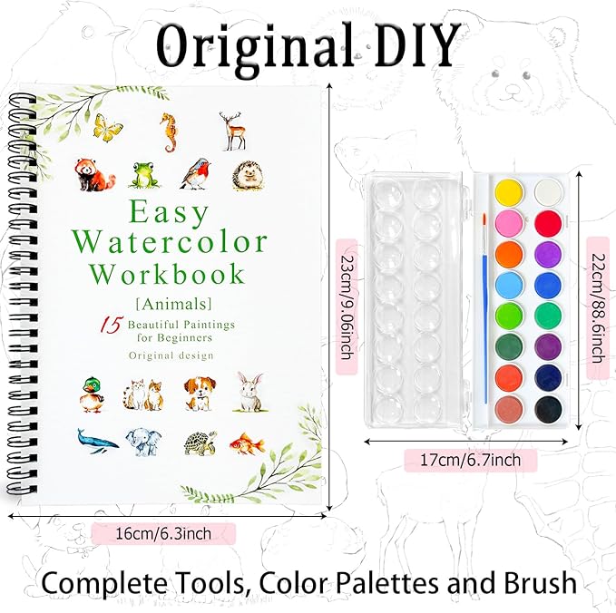 Watercolor Workbooks, 16 Colors Water Color Books Paint Set for Adults, Watercolor Coloring Book for Beginners, Water Color Workbook, 15 Beautiful Paintings for Beginners (Animals)