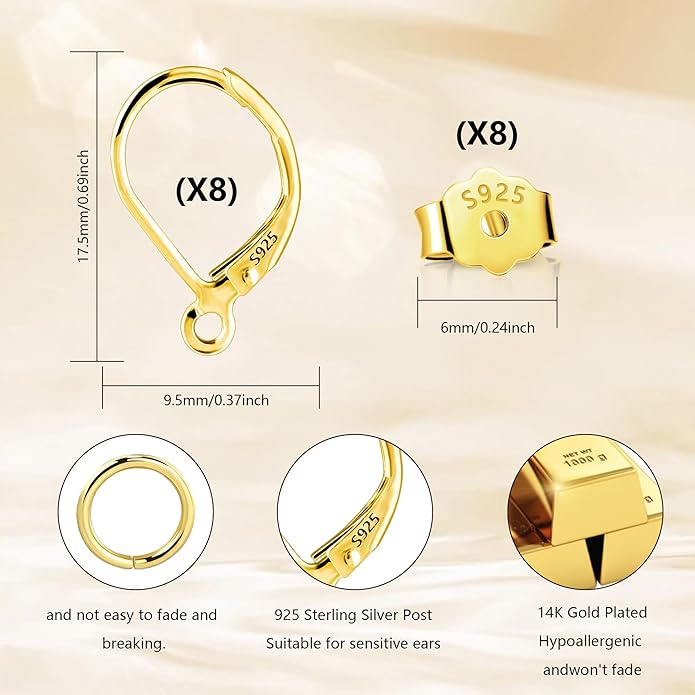 925 Sterling Silver Leverback French Hooks - Hypoallergenic Earring Backs With Jump Rings Set - Dangle Hooks Sterling Silver Findings Supplies for Jewelry Making