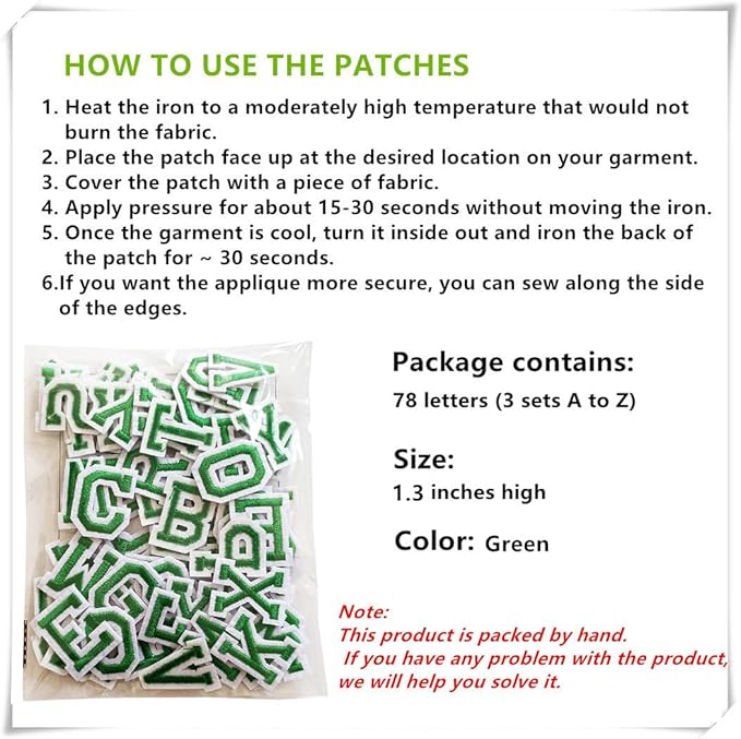 1.3 inch Iron on Letter Patches 78 Pieces, A-Z Embroidered Alphabet Patches for Clothing Jackets Hats Backpacks Jeans Green