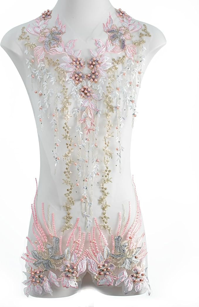 Beaded Pearl Flower Fabric Lace Applique, Floral Embroidered Patches Handmade Sewing Tool for DIY Neckline Bodice Wedding Bridal Prom Dress(Pink-Large)