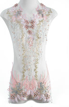 Beaded Pearl Flower Fabric Lace Applique, Floral Embroidered Patches Handmade Sewing Tool for DIY Neckline Bodice Wedding Bridal Prom Dress(Pink-Large)