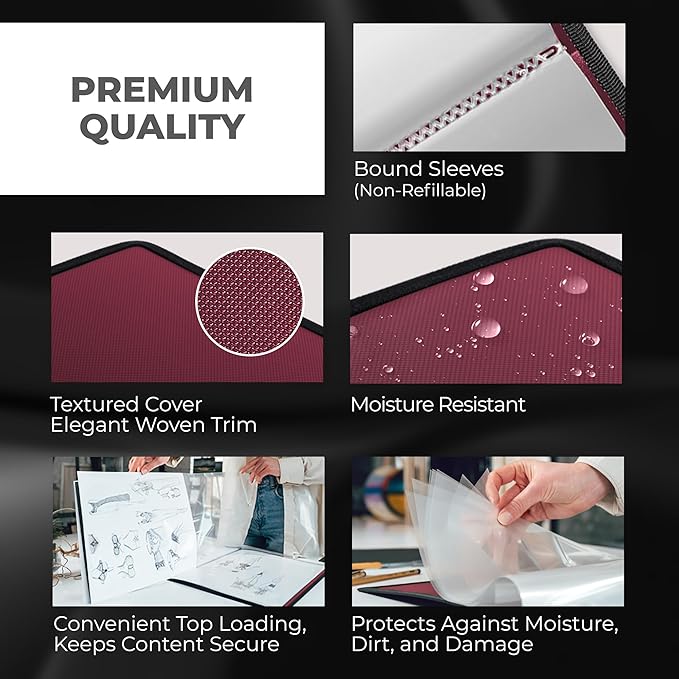 Dunwell Art Portfolio 9x12 Folder (Ruby), Black Mounting Paper, Portfolio Binder for Artwork, 9 x 12 Art Folder, 24 Pockets Display 48 Pages, Acid-Free Poly Presentation Book