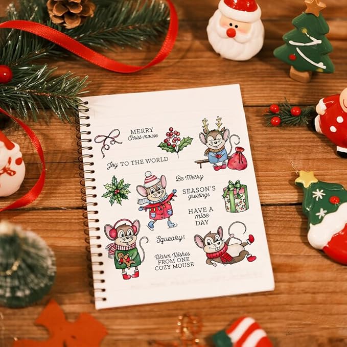 Christmas Clear Stamp Set Reusable Clear Silicone Stamps with Pumpkins, Skulls, Bats, Santa Claus and Holiday Designs for Cards, Scrapbooking, journaling and DIY templates (Christmas Mouse)