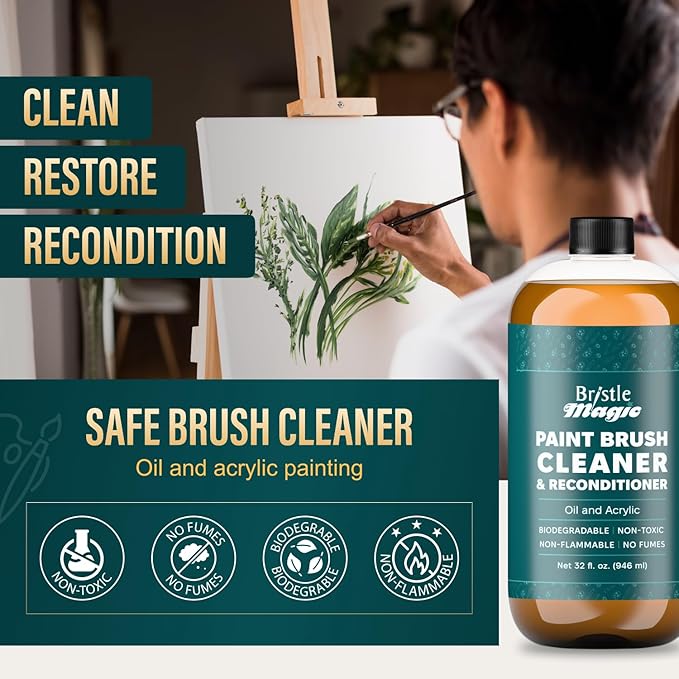 Oil Paint Brush Cleaner and Restorer - Paintbrush Cleaner for Acrylic, Oil, and Glass Paints-Biodegradable, Non-Toxic, Odorless, Eco-Friendly, Quick-Clean Formula Paint Remover (8 Fl Oz)