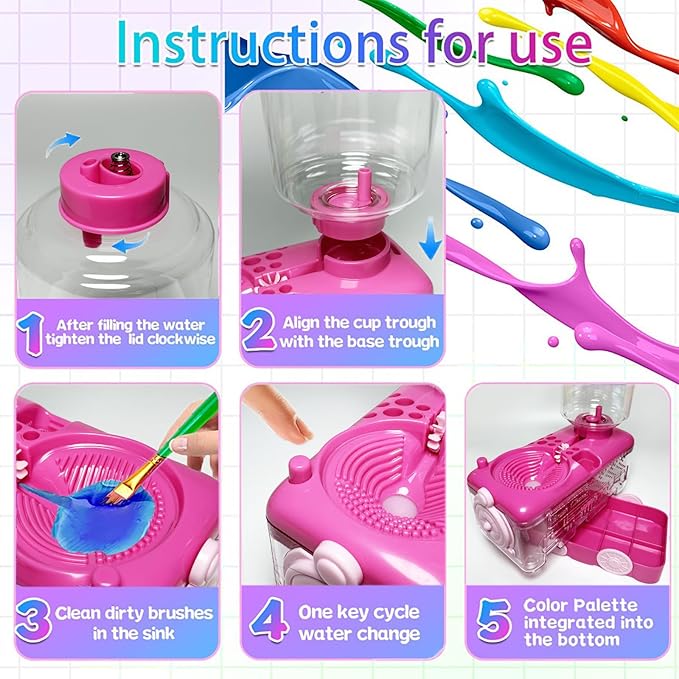 Paint Brush Cleaner with Paint Tray, Water Circulation Brush Rinser with Brush Holder, Watercolor/Oil and Water-Based Paint Brush Cleaner Tool, 400ml Capacity, Train Design, Gift for Artist Beginners