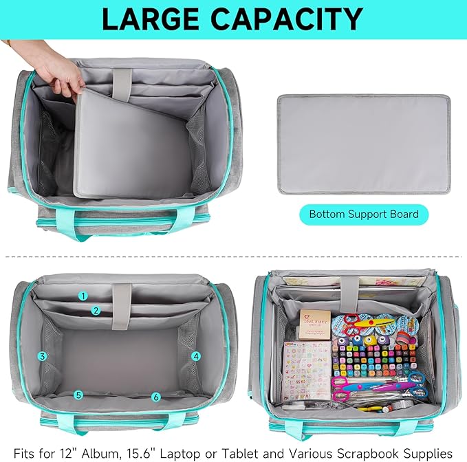 Rolling Craft Bag, Craft Bag with Wheels for Scrapbook Supplies, Large Scrapbook Tote with 15.6'' Laptop Sleeve, Rolling Art Supply Storage for Scrapbooking Tools, Gray