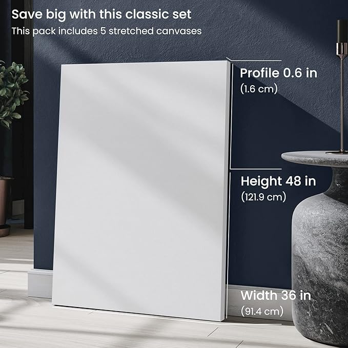 ARTEZA Stretched Canvas, 36 x 48 Inches, Pack of 2, Blank White Large Canvas for Painting for Acrylic, Oil and Gouache Paints