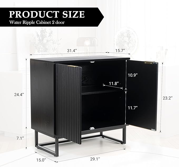 Fluted Storage Cabinet, Sideboard Buffet with Adjustable Shelves, Multifunctional Console Table with Storage Credenza for Living Room, Dining Room, Hallway, Black