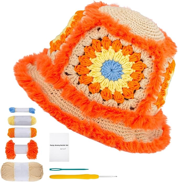 Noocro Crochet Kit for Beginners or Intermediate Level, Fuzzy Granny Square Bucket Hat, Step by Step Video Tutorial, Detailed Instruction Complete Kit Craft Supplies Holiday Gift