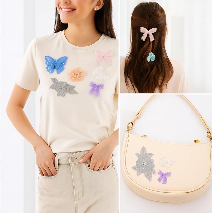 12 Pieces 3D Flower Lace Embroidery Butterflies Appliques Pearl Patches for Repairing and Decorating, Sewing Craft Clothing Jeans Jackets Bags (Light Blue)