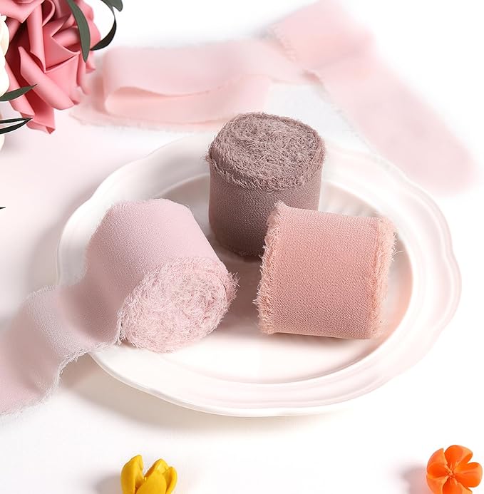 3 Rolls Earth Tone Handmade Fringe Chiffon Ribbon 1.5 Inch x 7 Yard Silk-Like Colorful Rustic Ribbon for Bouquets Wrapping Decor Wedding Invitation Accessories