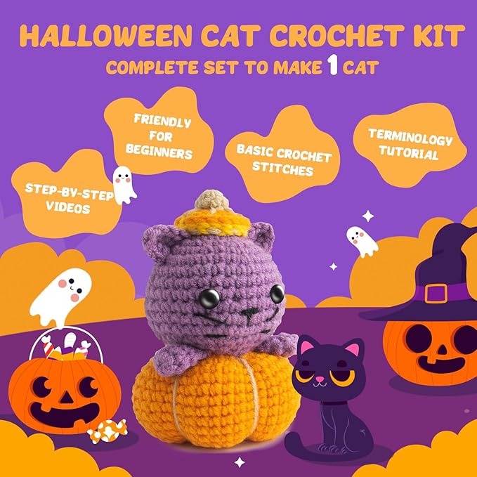 POP COCHE Halloween Crochet Kit for Beginners, Crochet Starter Kits for Adults, Amigurumi Craft Knitting Crochet Animal Kit with Step-by-Step Video Tutorials, Pumpkin Cat (40%+ Yarn)