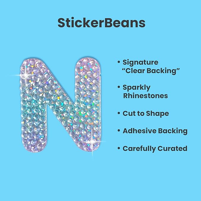 StickerBeans® Rhinestone Alphabet Letter Sticker N - Unique Sparkly Design 2” x 2” Cut-to-Shape Adhesive - Personalization, Collecting, Gifting, Scrapbooking, Decorating Laptops, Phone Cases, All Ages