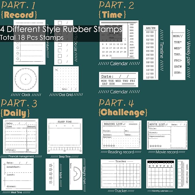Rancco 18 Pcs Journal Stamps w/Ink Pad, 4 Set Bujo Stamp Calendar Planner Stencil for Journal DIY, to Do List, Tasks, Month Week Dates Organizer, Scrapbooking Craft, Enhance and Simplify Your Planner