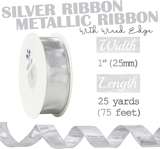MEEDEE Silver Wired Woven Metallic Ribbon - 1 inch Silver Wired Ribbon for Gift Wrapping, Gift Bows, DIY Crafts, Graduation Baskets, Wedding, Party Decorations (25 Yards)