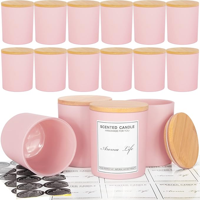 Creahaus 10oz, 16 Pack Thick Candle Jars with Bamboo Lids for Making Candles, Bulk Pink Empty Glass Candle Containers & Sticky Labels, Warming Labels Kit, Heat Resistant Candle Vessels