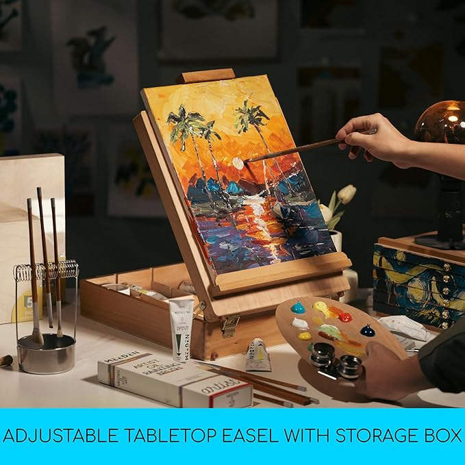 MEEDEN Extra-Large Tabletop Easel, Solid Beech Wood Table Top Easels for Painting Canvas, Sketchbox Easel, Table Art Easel for Adults & Artist, Art Supplies Storage Box,Hold Canvas Up to 28"