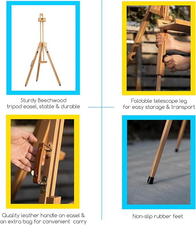 MEEDEN Tripod Field Painting Easel with Carrying Case - Solid Beech Wood Universal Tripod Easel Portable Painting Artist Easel, Perfect for Painters Students, Landscape Artists, Hold Canvas up to 44"