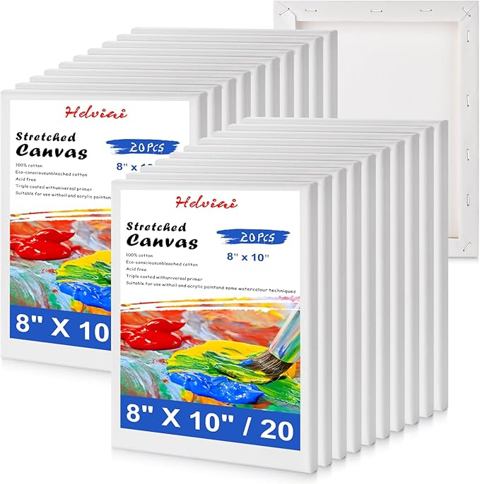 Stretched Canvas for Painting - 8x10 Inch/20 Canvas Value Pack - Triple Primer Acid Free 100% Cotton Blank Canvas for Painting Supplies Oil and Acrylic Pouring Art Watercolor