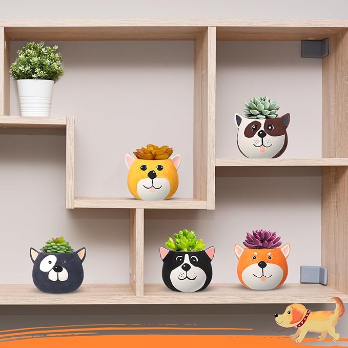 Pasimy 6 Set DIY Ceramic Succulent Planter Pots Paint Your Own Flower Pots Craft Kit Unpainted Bisque Paintable Flowerpot with Brush Palette Ready to Paint for Family Activity Gift(Dog)
