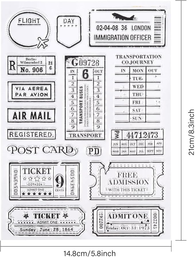 GLOBLELAND Vintage Travel Ticket Themed Clear Stamps Tickets Silicone Stamp Retro Tickets Post Card Silicone Transparent Seal Stamp for Card Making Scrapbooking 5.83x8.27inch