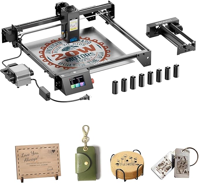 Longer RAY5 20W Laser Engraver Machine with Air Assist Kit, Rotary Roller, and 8 Pcs Raiser, Exclusive 3.5" Touch Screen for DIY, Cutting Tool for Metal Coloring, Acrylic, Wood, Glass, Leather.