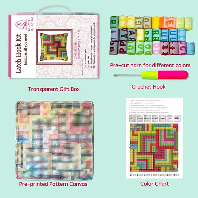 DL-YTG Latch Hook Kits Pillow Flower Crochet Yarn Cushion Colour Pre-Printed Canvas Rug Needlework DIY Pillowcase Hook and Latch Kit Christmas Home Arts Crafts Sofa Decoration 42x42cm/16 X16inch