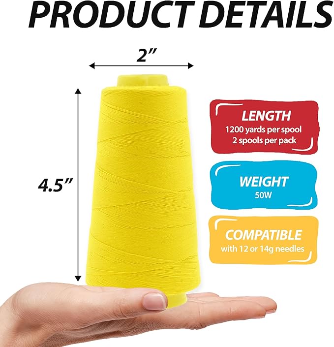 Mandala Crafts Yellow Thread Cones for Machine and Hand Quilting - 2400 Yds 50 WT Multiple Purpose Mercerized 100% Cotton Threads for Sewing Machine Serger Embroidery