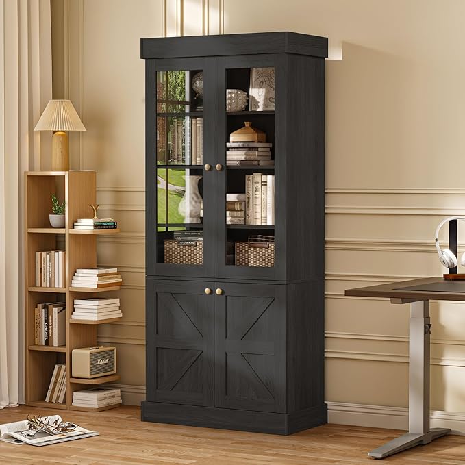 Vyre 71" Tall Farmhouse Bookshelves with Glass Doors, Set of 4 – Large Modular Bookcase with Adjustable Shelves, Storage Cabinet for Living Room, Kitchen, Home Office, Black