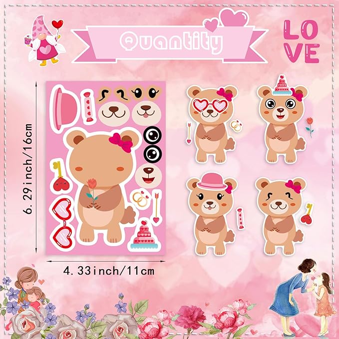 36 Sheets Valentine's Day Stickers for Kids, Make a Face Sticker Make Your Own Animal with Heart Mix Stickers Valentine's Day Activities Party Favors