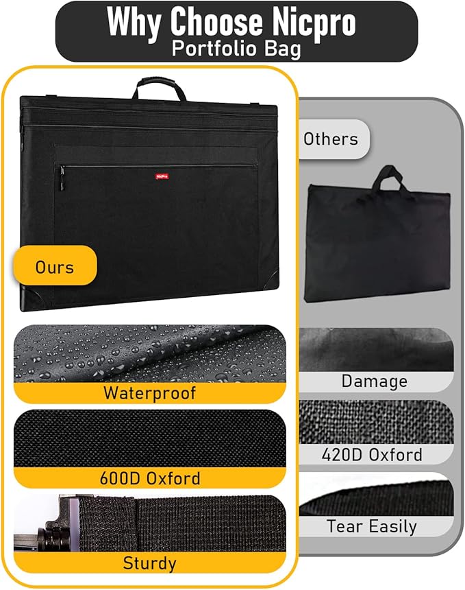 Nicpro Light Weight Art Portfolio Bag, 20x26 Black Art Canvas Portfolio Case with Detachable Shoulder Strap, Leather Corners, Carrying Storage Case for Artwork, Poster, Sketching, and Drawing