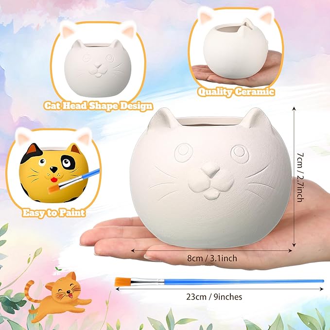 Pasimy 6 Set DIY Ceramic Succulent Planter Pots Paint Your Own Flower Pots Craft Kit Unpainted Bisque Paintable Flowerpot with Brush Palette Ready to Paint for Family Activity Gift(Cat)