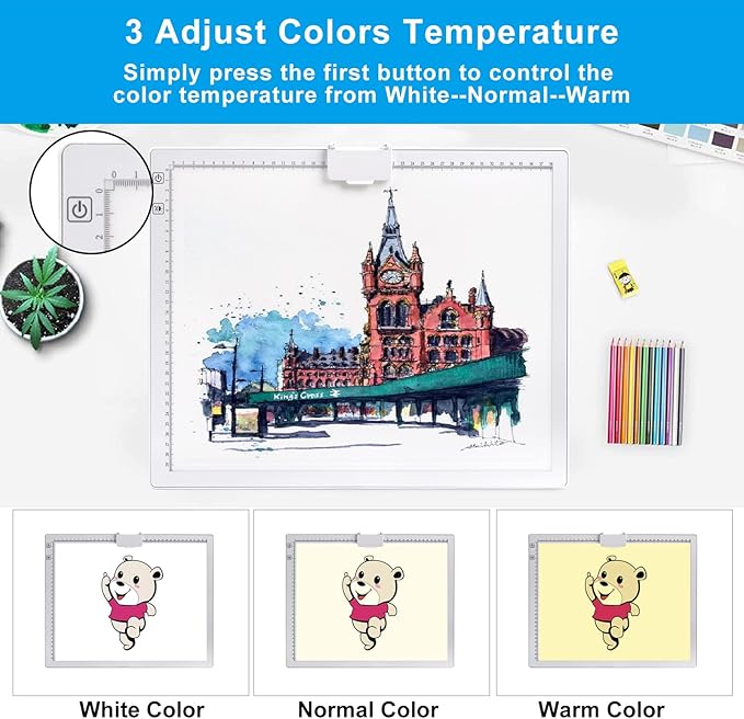 A3 Rechargeable Light Pad, TOHETO 2500mAh Battery Powered Light Board with Stand Top Magnetic Clip 3 Colors Stepless Dimmable 6 Levels Brightness Light Box for Diamond Painting Weeding Vinyl (White)