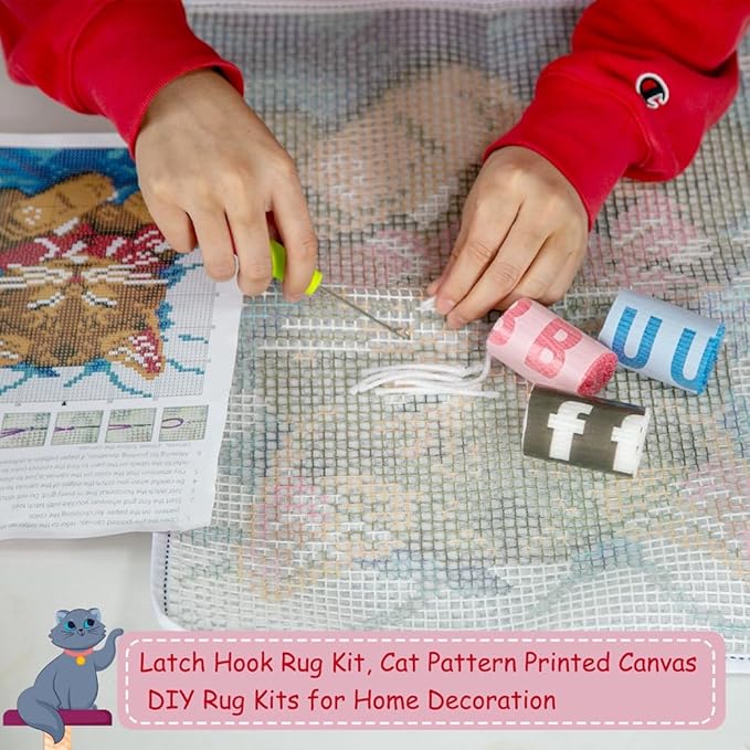 DL-YTG Latch Hook Kits Rug Cat Crochet Yarn Cushion Colour Pre-Printed Canvas Cover Rug Needlework DIY Hook and Latch Kit Home Decoration 20 X15inch