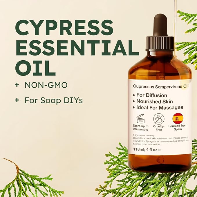 KUKKA Cypress Essential Oils - 4 Fl Oz - for Hair, Skin, Diffuser, Aromatherapy & DIY Soap Making Scent