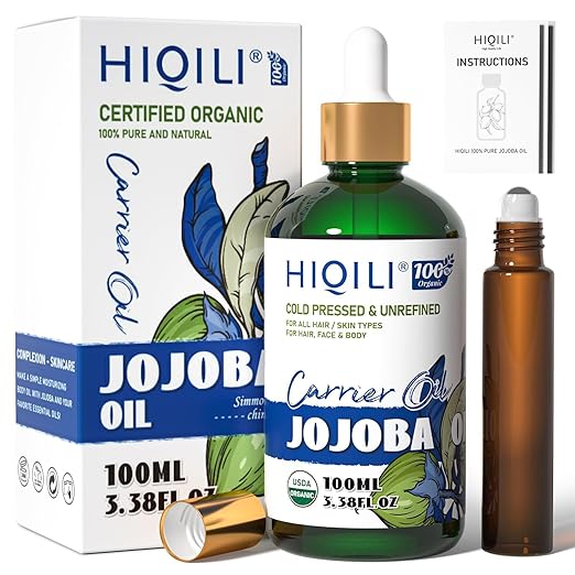 HIQILI 100ML Jojoba Oil Organic for Hair Growth,100% Pure Cold Pressed Unrefined, Included Roller Bottle for Massage - 3.38 Fl Oz