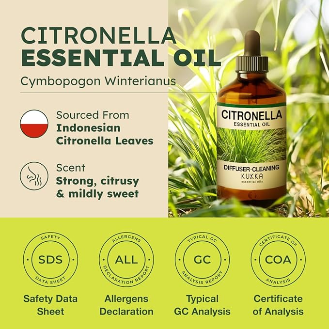 KUKKA Citronella Essential Oils - 4 Fl Oz - for Hair, Skin, Diffuser, Aromatherapy & DIY Soap Making Scent