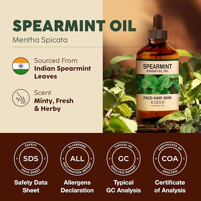 KUKKA Spearmint Essential Oils - 4 Fl Oz - for Hair, Skin, Diffuser, Aromatherapy & DIY Soap Making Scent