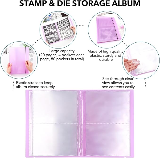 10 Pcs 0.3mm Magnet Sheets and 80 pockets/20 pages Storage Album for Stamp and Cutting Dies Storage Book Organizer Folder for Storage Die Cutting, DIY Scrapbooking Card Making Supplies (Purple)