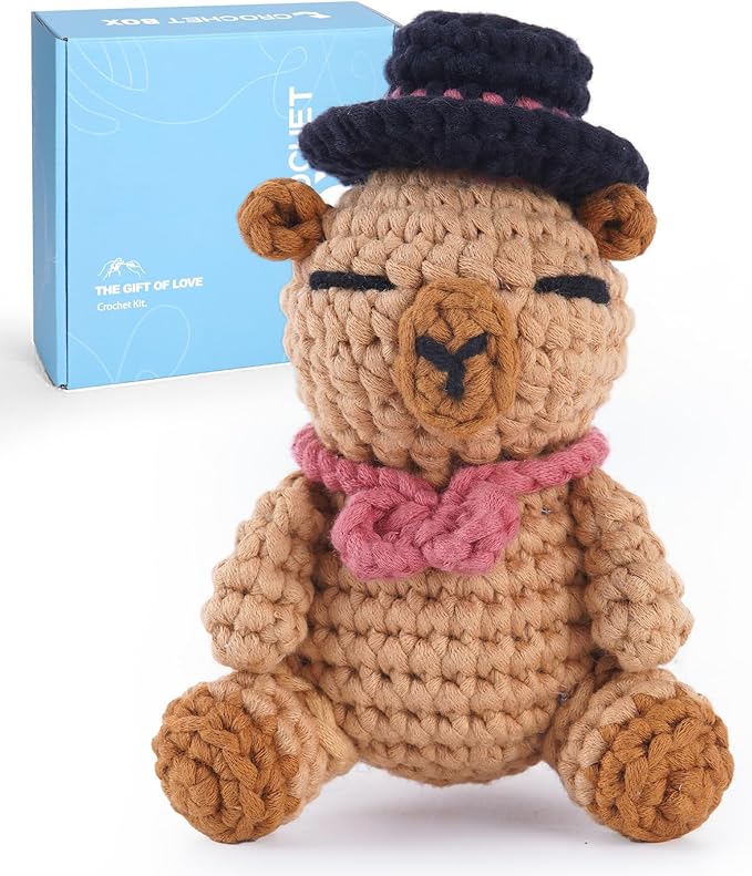 CrochetBox Crochet Kit for Beginners Adults - Capybara Starters Crochet Kit, Beginners Crocheting Kitting for Adults Teen, Craft Gifts with Crochets Yarns, Hook, Step-by-Step Video, Instruction