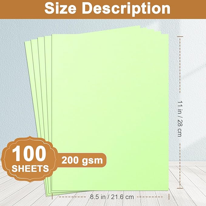 100 Sheets Light Green Cardstock 8.5 x 11 Certificates Paper, 200gsm/75lb Thick Card Stock Printer Paper for Cards Making, Thank You Card, Business Cards, Scrapbooking, Birthday Decorations