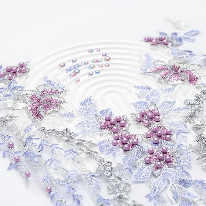 Beaded Pearl Flower Fabric Lace Applique, Floral Embroidered Patches Handmade Sewing Tool for DIY Neckline Bodice Wedding Bridal Prom Dress(Purple-Large)