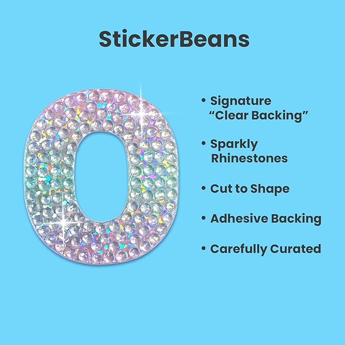 StickerBeans® Rhinestone Alphabet Letter Sticker O - Unique Sparkly Design 2” x 2” Cut-to-Shape Adhesive - Personalization, Collecting, Gifting, Scrapbooking, Decorating Laptops, Phone Cases, All Ages