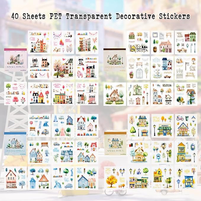 40 Sheets Small Scrapbook Sticker Books for Scrapbooking, Nordic Town Them Watercolor Scenery Stickers for Journaling, Junk Journal Supplies, Bujo, Crafts Arts