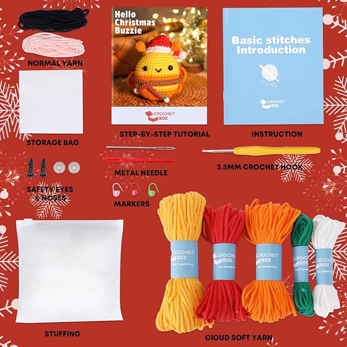 CrochetBox Crochet Kit for Beginners Adults - Christmas Bee Starters Crochet Kit, Beginners Crocheting Kitting for Adults Teen, Craft Gifts with Crochets Yarns, Hook, Step-by-Step Video, Instruction