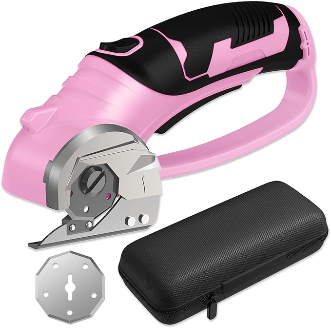 Cordless Electric Scissors, 4V Box Cutter & Cardboard Cutter with 2 Titanium Blades - Rotary Cutter with LED Light for Fabric, Leather, Carpet, Plastic, Crafting + Storage Case (Pink)