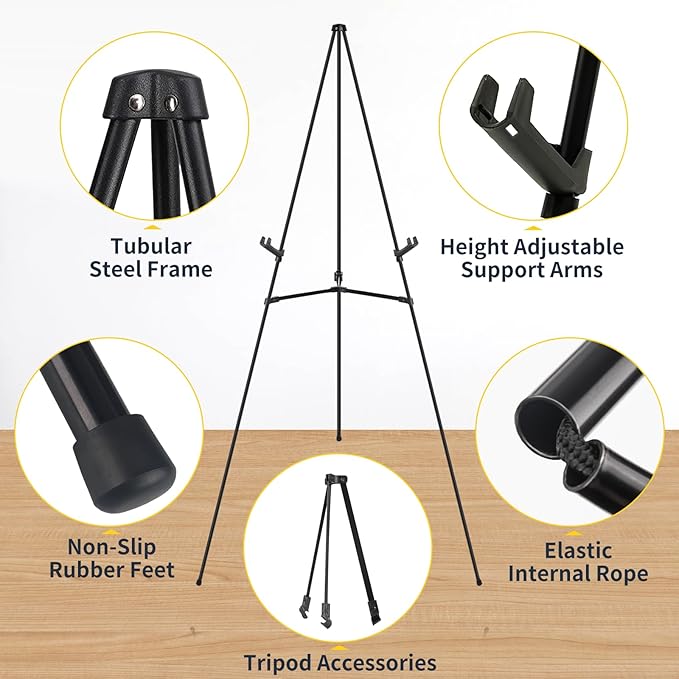 1 PCS Black Easel Stand for Wedding Sign Stand, 65 Inch Adjustable Metal Easels for Display, Portable Folding Easel for Wedding, Display Show, Arts, Poster with Portable Bags