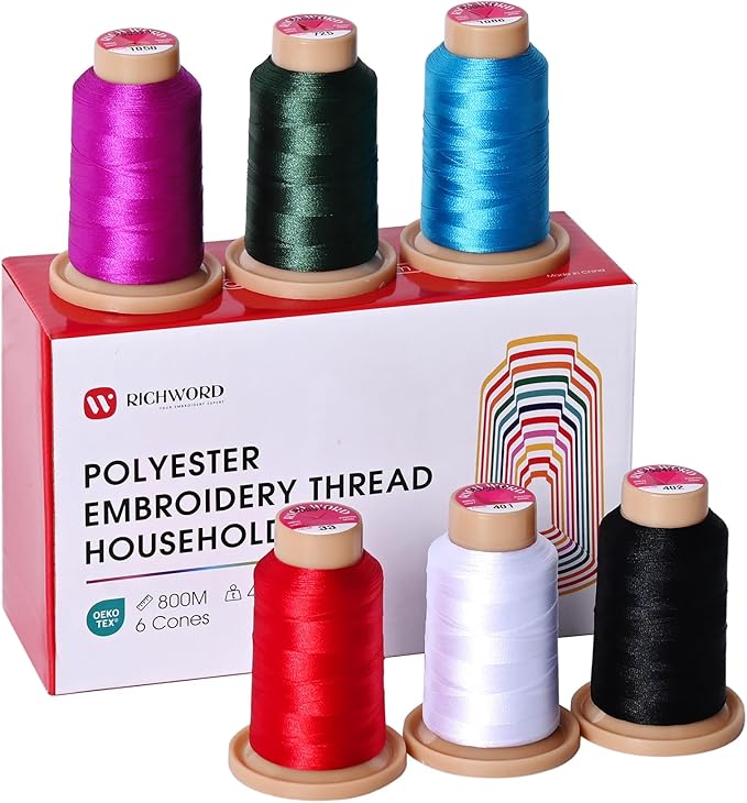 Richword Selected 800M 6 Colors Embroidery Thread,40WT(108D/2) Polyester Embroidery Machine Thread Set for Embroidery Machines and Sewing Machines