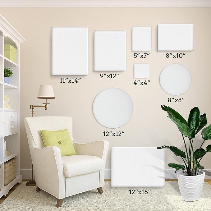 24 Pack Canvases for Painting with 4"x4", 5"x7", 8"x10", 9"x12", 11"x14", 12"x16", Round Canvas with 12"x12", 8"x8", 3 of Each, Painting Canvas for Oil & Acrylic Paint.